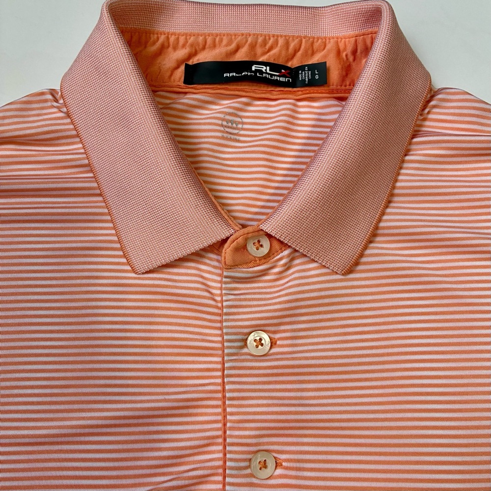 Ralph Lauren RLX Polo Shirt Mens L Orange Striped Short Sleeve Golf Performance